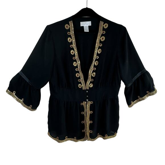 Soft Surroundings Black Gold Trim Sequin 3/4 Bell Sleeve Buttoned Blouse Size L - Picture 1 of 7